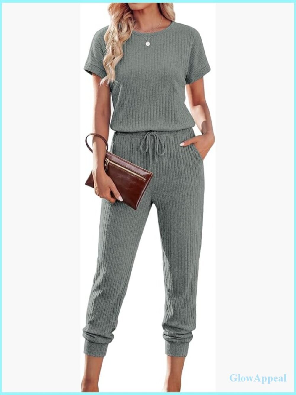 Women's Ribbed Knit Jumpsuit with Pockets Drawstring Waist Short Sleeve